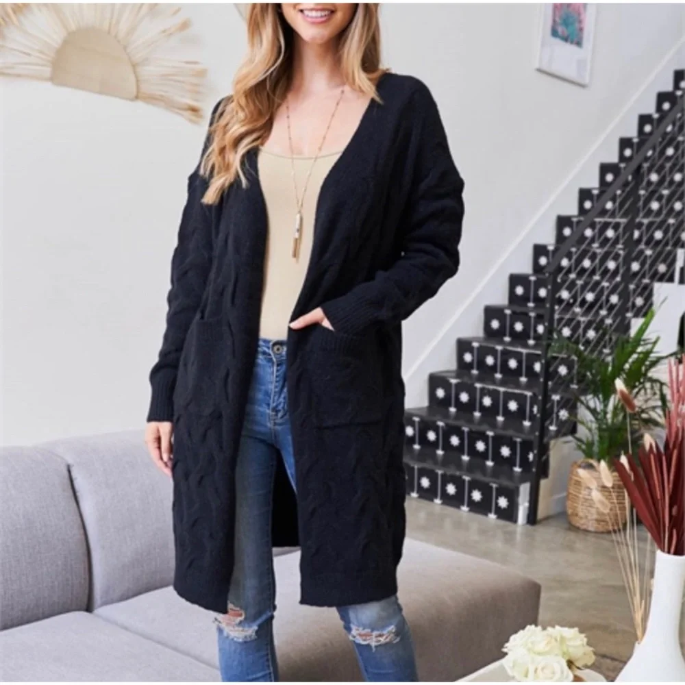 1 LEFT! Open Front Long Sleeve Soft Tight Knit Black Women's Cardigan - Picture 11 of 12